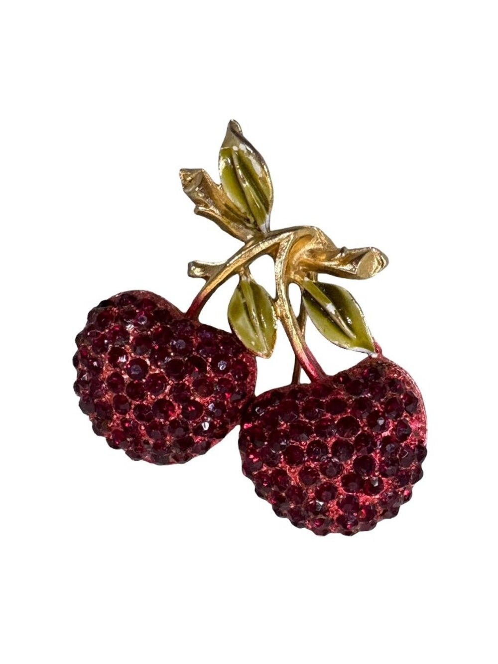 Red Rhinestone Red Cherry Brooch Enamel Leaves Vintage Pin Statement Jewelry